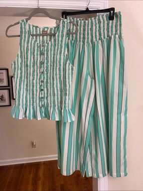 Free People Mint Green and White Striped Wide Leg Jumpsuit Set